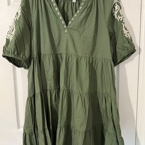Green Tiered Dress with Embroidered Sleeves
